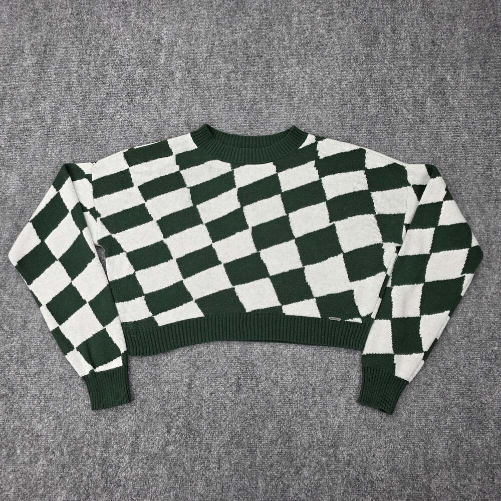 Hollister Sweater Womens XS Green Checkered Cropped Crewneck Knit Pullover